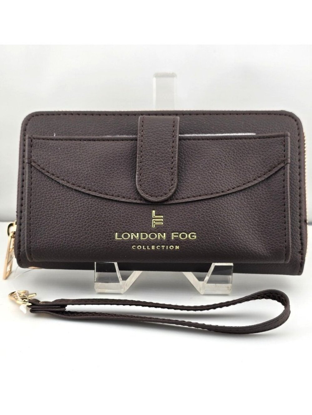 NWOT London Fog Brown Faux Leather Wristlet Wallet Gold Accents & Zipper Closure